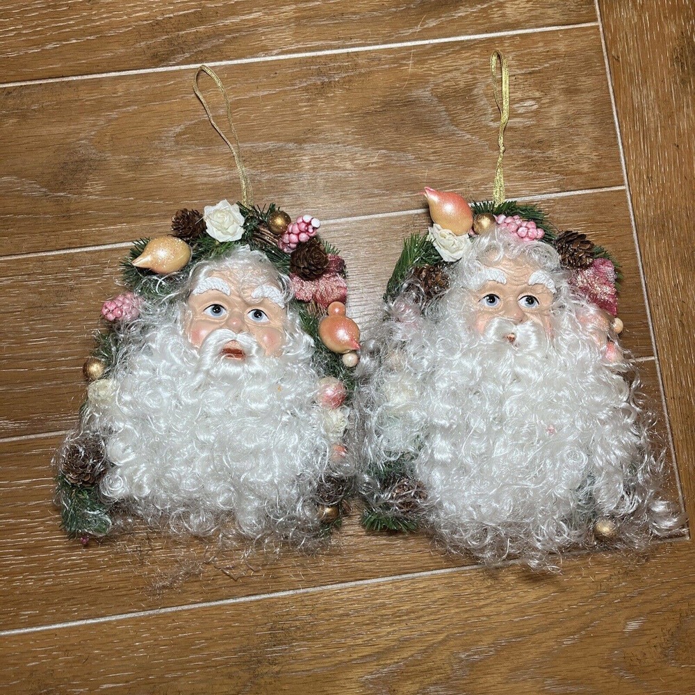 Two Large Victorian Santa Head Ornaments, Hanging, Pink Fruit Wreaths
